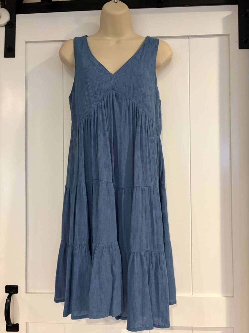 Jopna dusty blue V neck tiered sleeveless gauze-like swing dress, size S